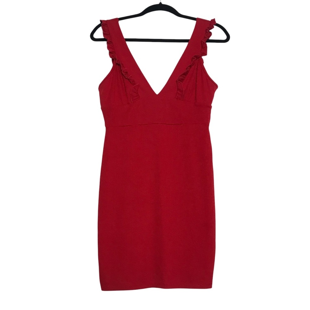 A’gaci Red Ruffled Sleeveless V-Neck Bodycon Dress Size M Club Party Coquette
